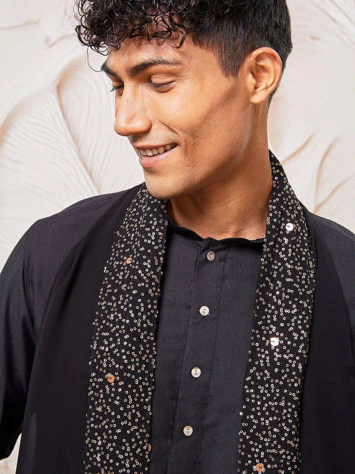 Men's Black Silk Blend Kurta Pyjama Dupatta Set