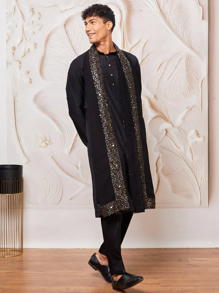 Men's Black Silk Blend Kurta Pyjama Dupatta Set