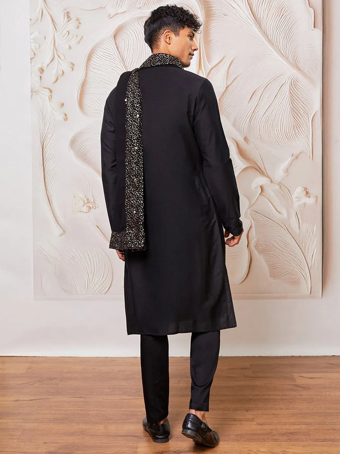Men's Black Silk Blend Kurta Pyjama Dupatta Set