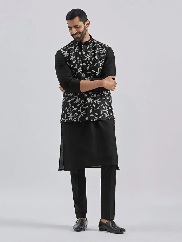 Men's Black Silk Blend Kurta Pyjama Set with Embroidered Dupion Nehru Jacket