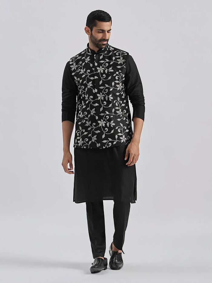Men's Black Silk Blend Kurta Pyjama Set with Embroidered Dupion Nehru Jacket