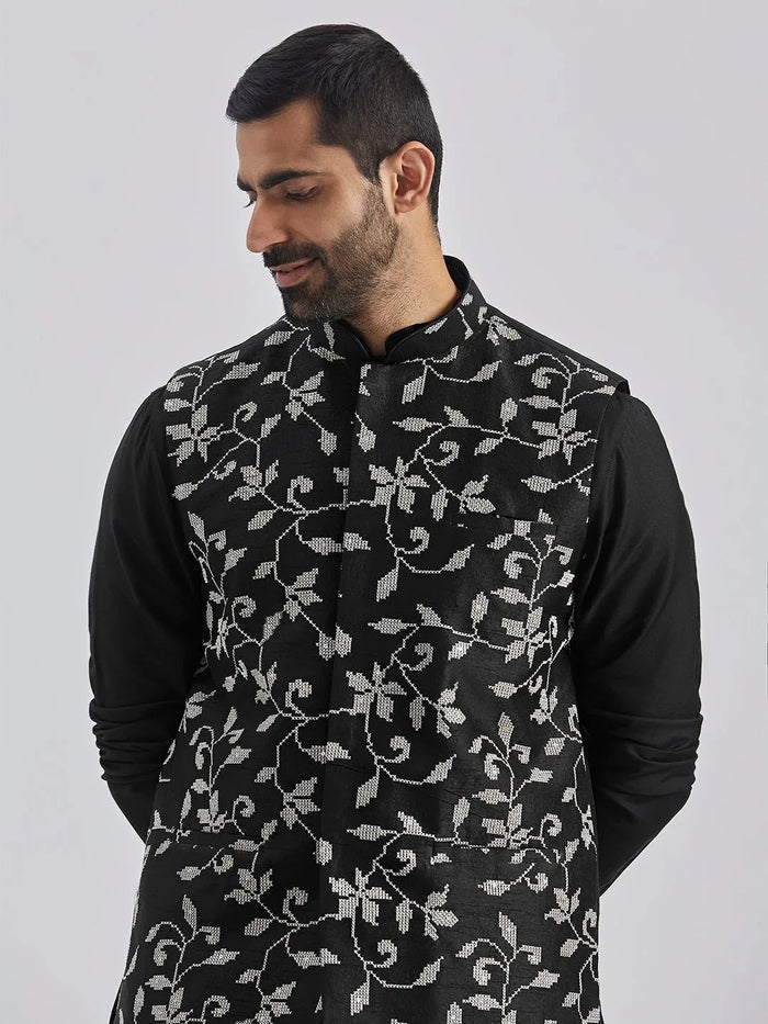 Men's Black Silk Blend Kurta Pyjama Set with Embroidered Dupion Nehru Jacket