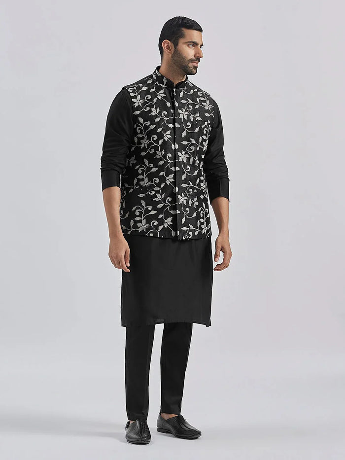 Men's Black Silk Blend Kurta Pyjama Set with Embroidered Dupion Nehru Jacket