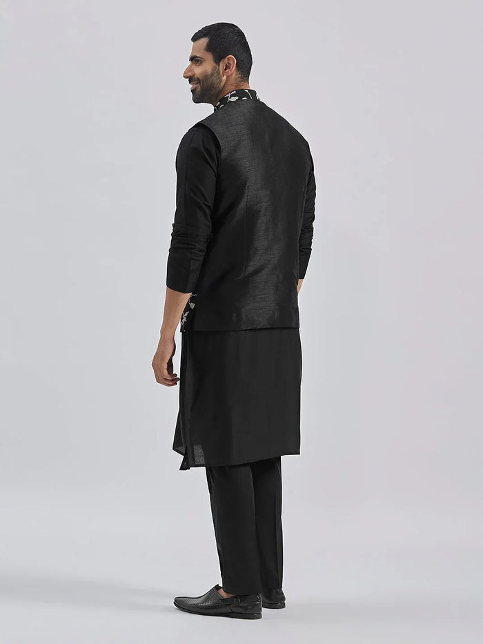 Men's Black Silk Blend Kurta Pyjama Set with Embroidered Dupion Nehru Jacket