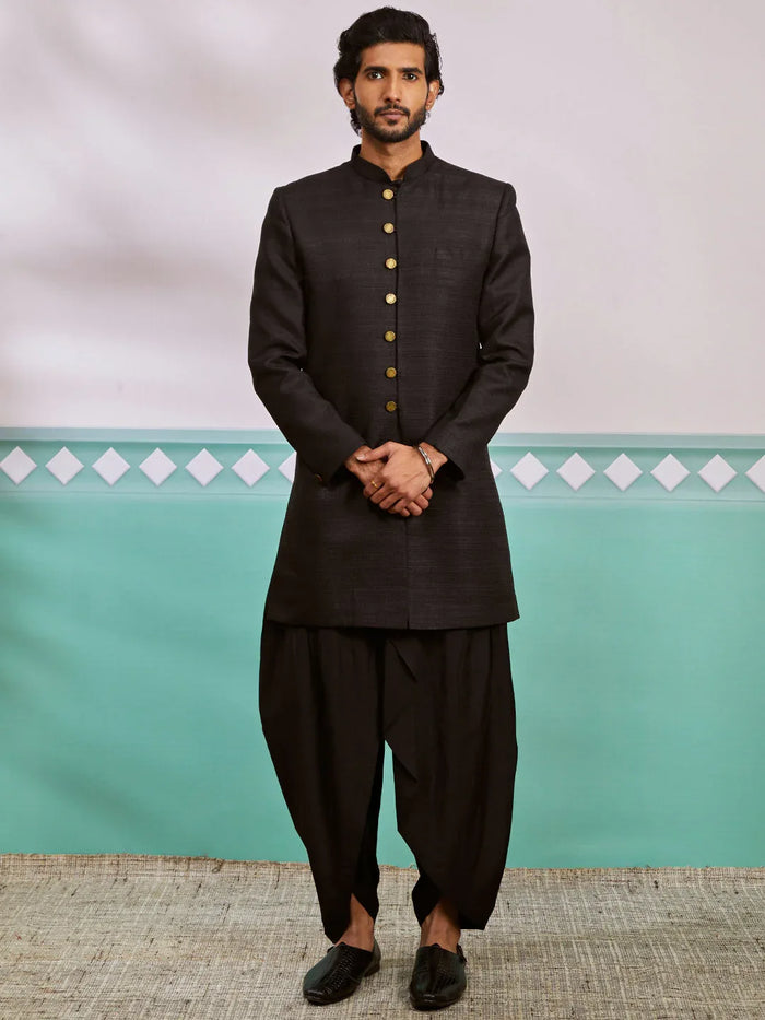 Men's Black  Silk Blend Sherwani Set