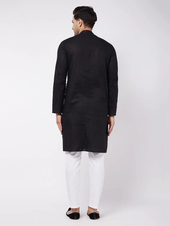 Men's Black Solid Cotton Blend Kurta & White Solid Cotton Pant Set