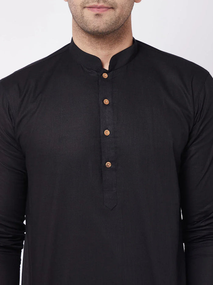 Men's Black Solid Cotton Blend Kurta & White Solid Cotton Pant Set