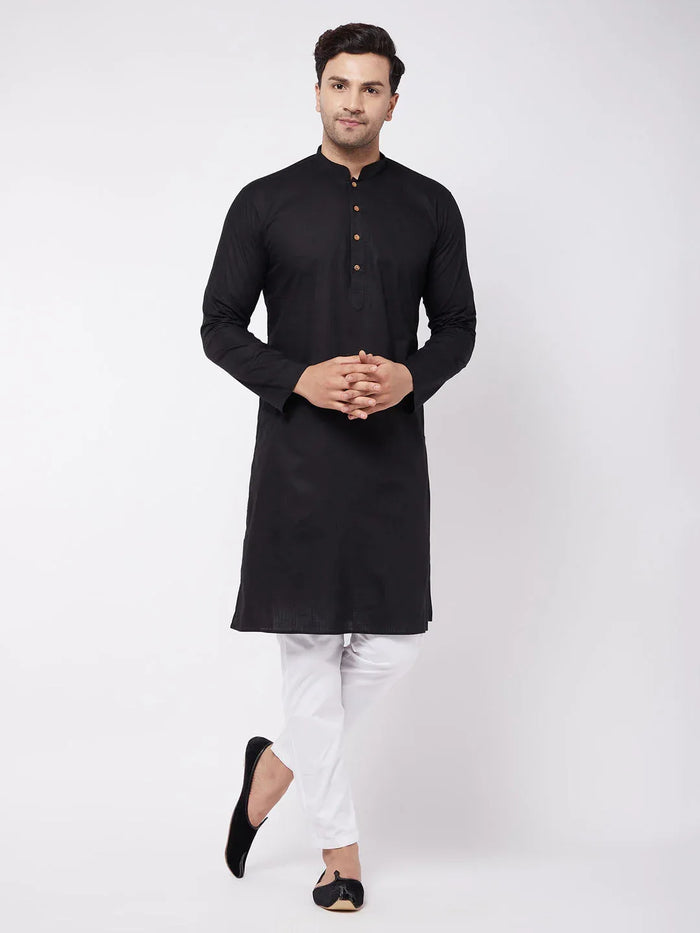 Men's Black Solid Cotton Blend Kurta & White Solid Cotton Pant Set