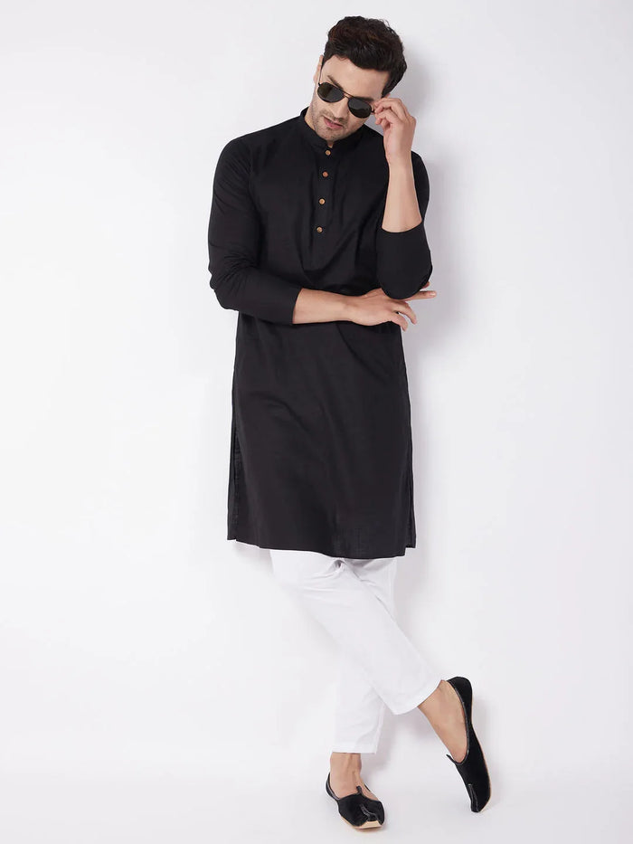Men's Black Solid Cotton Blend Kurta & White Solid Cotton Pant Set