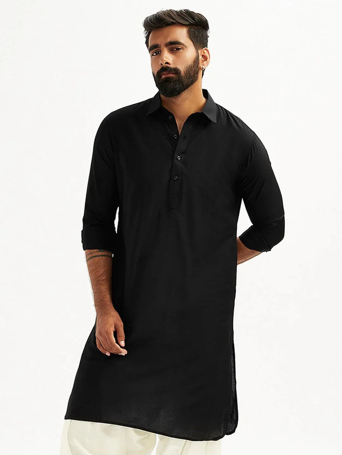 Men’s Black Solid Cotton Pathani Kurta