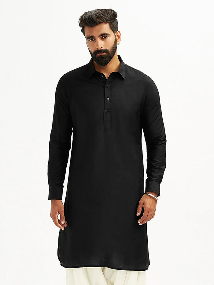 Men’s Black Solid Cotton Pathani Kurta