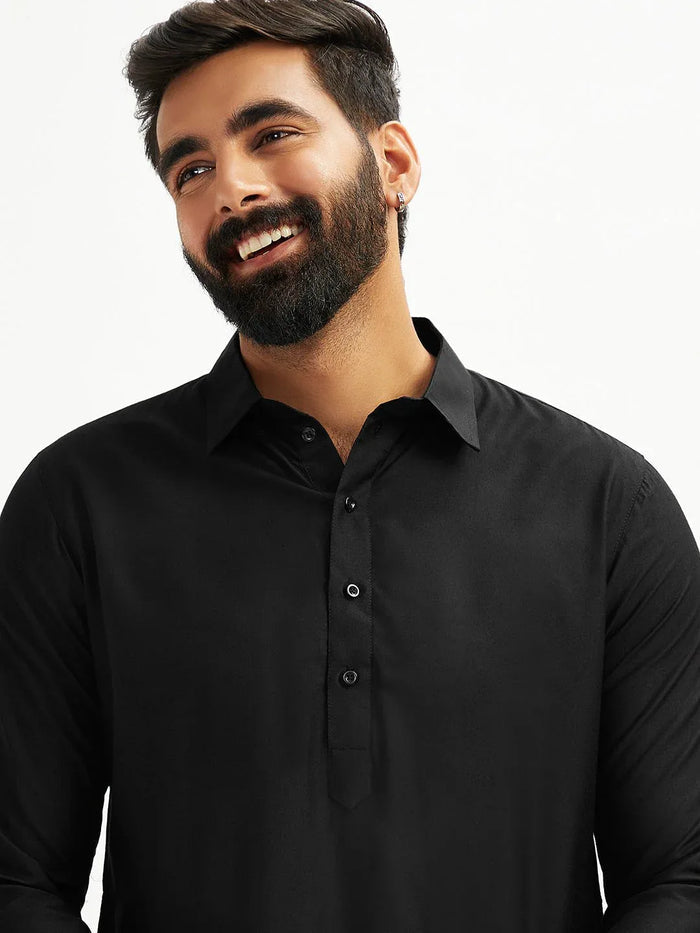 Men’s Black Solid Cotton Pathani Kurta