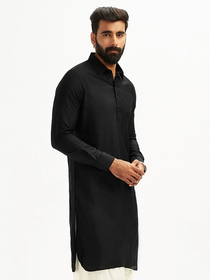 Men’s Black Solid Cotton Pathani Kurta