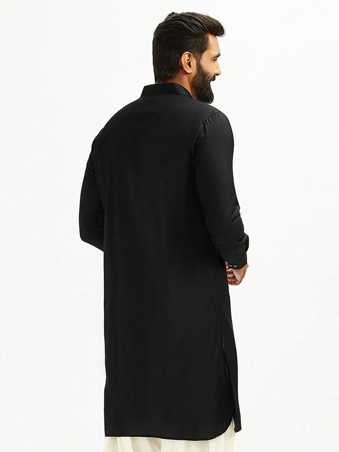 Men’s Black Solid Cotton Pathani Kurta