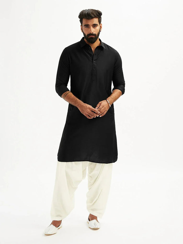 Men’s Black Solid Cotton Pathani Kurta