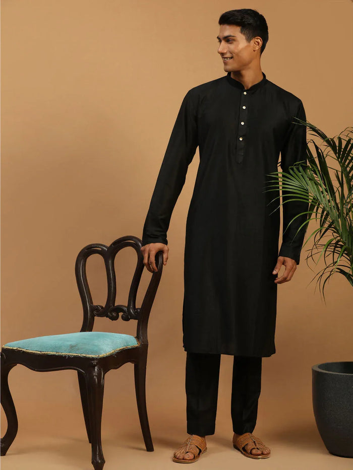 Men's Black Viscose Kurta With Pant Set