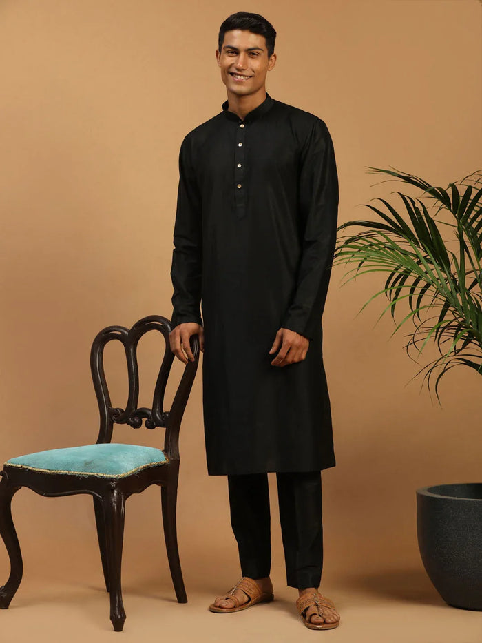 Men's Black Viscose Kurta With Pant Set