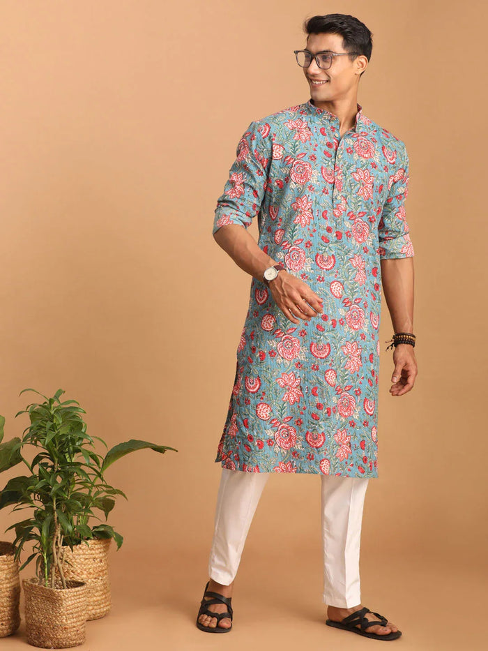 Men's Blue And Red Floral Printed Cotton Kurta With White Pant Set
