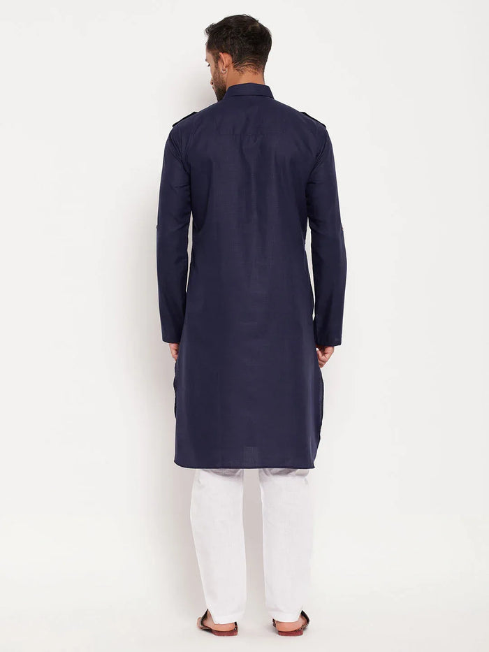 Men's Blue And White Cotton Blend Pathani Suit Set