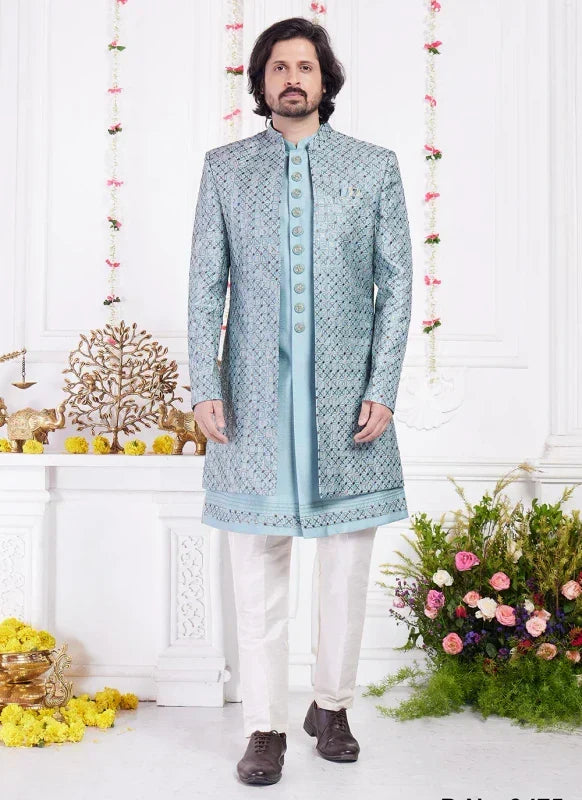 Men's Blue Art Silk Thread Work Indo Western Set