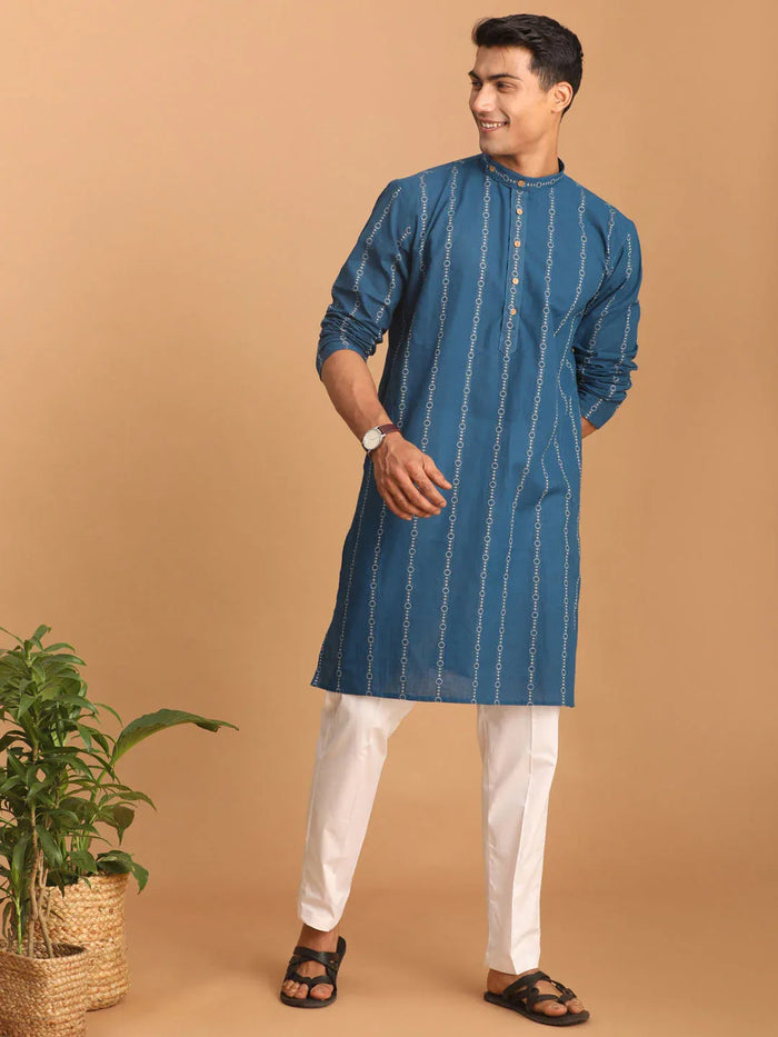Men's Blue Denim Jacquard Kurta With White Pant Set