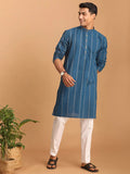 Men's Blue Denim Jacquard Kurta With White Pant Set