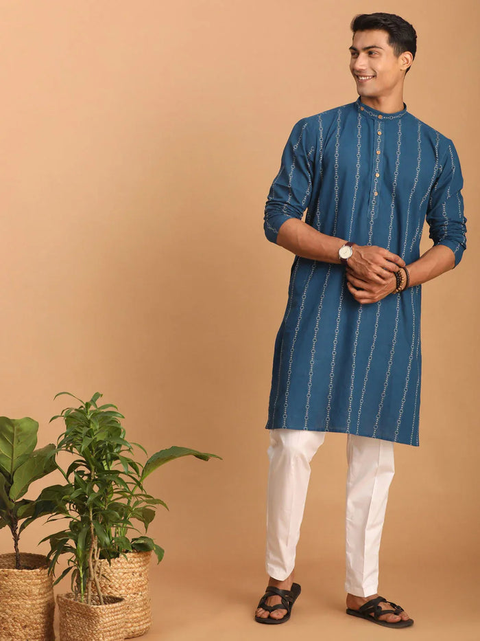 Men's Blue Denim Jacquard Kurta With White Pant Set