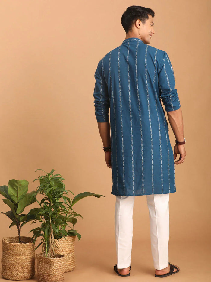 Men's Blue Denim Jacquard Kurta With White Pant Set