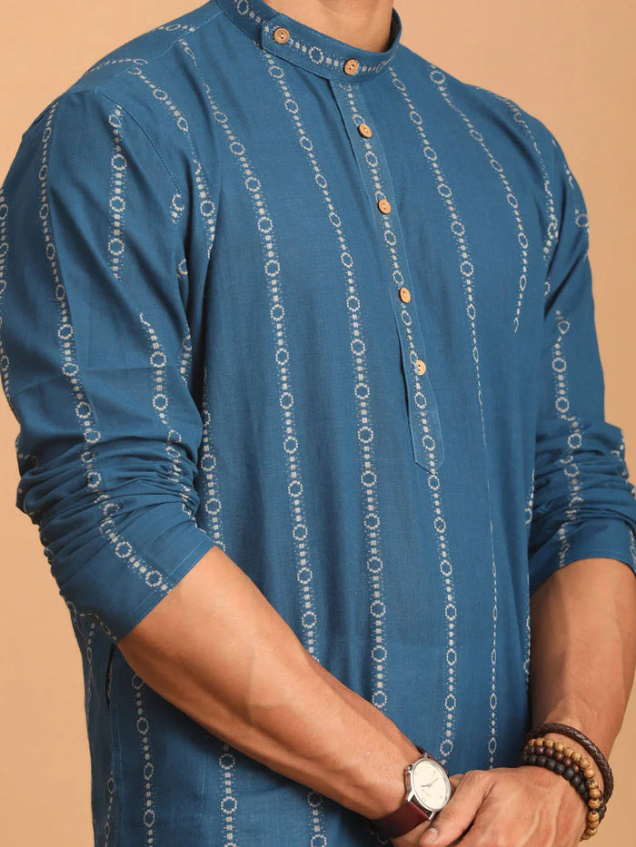 Men's Blue Denim Jacquard Kurta With White Pant Set