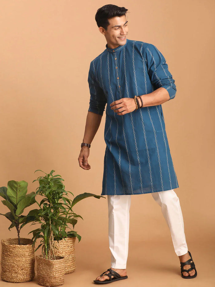 Men's Blue Denim Jacquard Kurta With White Pant Set