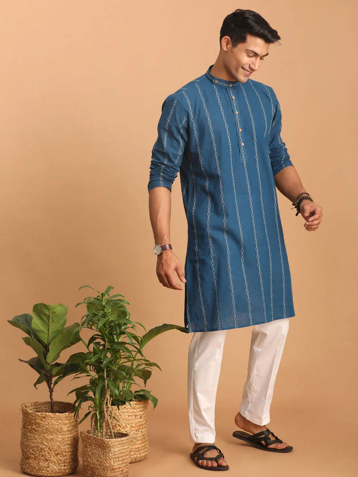 Men's Blue Denim Jacquard Kurta With White Pant Set