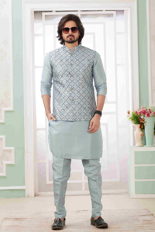 Men's Blue Grey Art Silk Embroidery Collar Neck Jacket Set