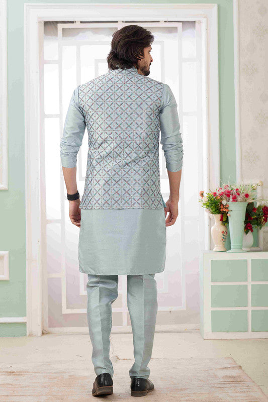Men's Blue Grey Art Silk Embroidery Collar Neck Jacket Set