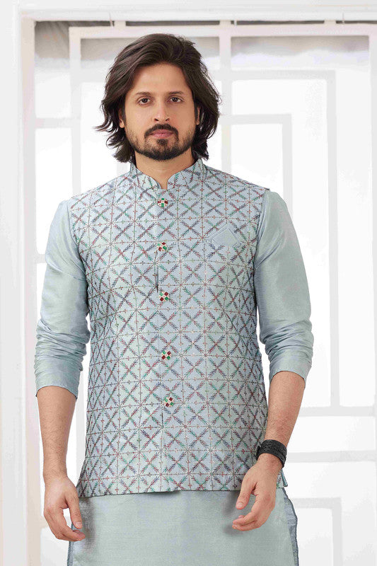 Men's Blue Grey Art Silk Embroidery Collar Neck Jacket Set