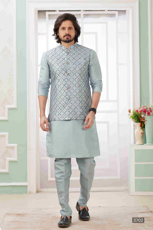 Men's Blue Grey Art Silk Embroidery Collar Neck Jacket Set