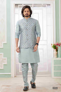 Men's Blue Grey Art Silk Embroidery Collar Neck Jacket Set
