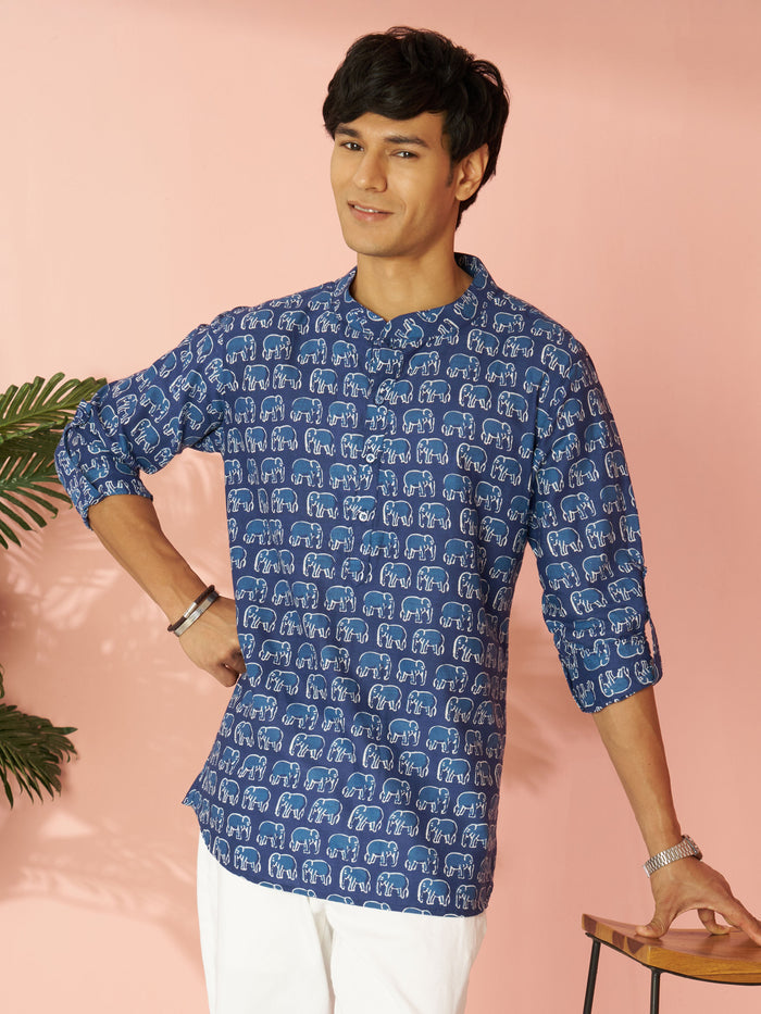 Men's Blue Indigo Animal Print Cotton Short Kurta with Band Collar