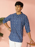 Men's Blue Indigo Animal Print Cotton Short Kurta with Band Collar