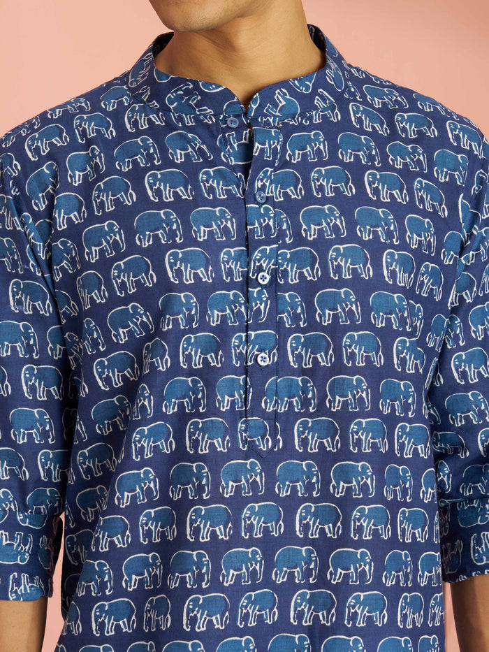 Men's Blue Indigo Animal Print Cotton Short Kurta with Band Collar