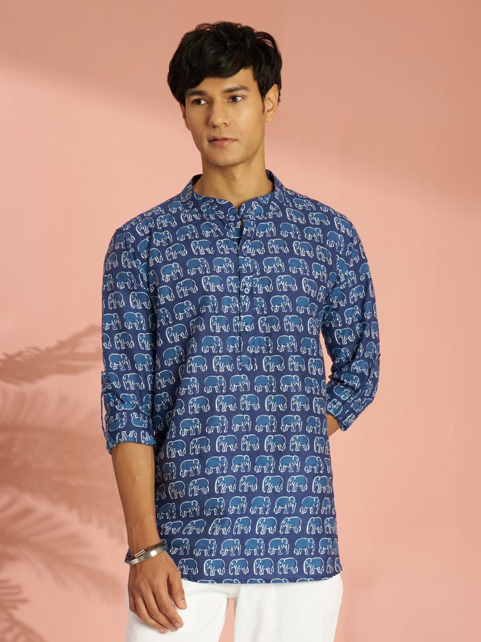 Men's Blue Indigo Animal Print Cotton Short Kurta with Band Collar