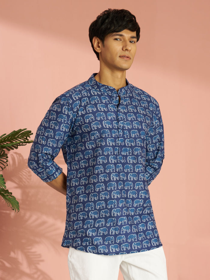Men's Blue Indigo Animal Print Cotton Short Kurta with Band Collar