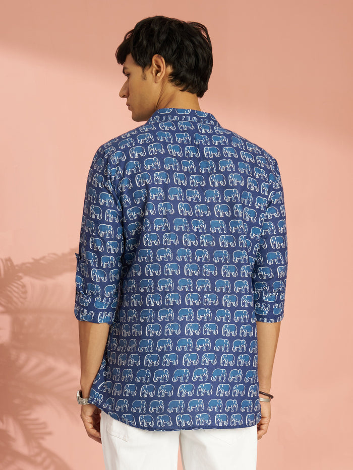 Men's Blue Indigo Animal Print Cotton Short Kurta with Band Collar