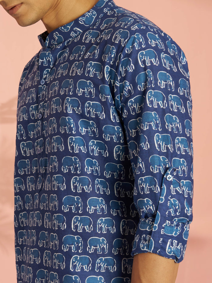 Men's Blue Indigo Animal Print Cotton Short Kurta with Band Collar