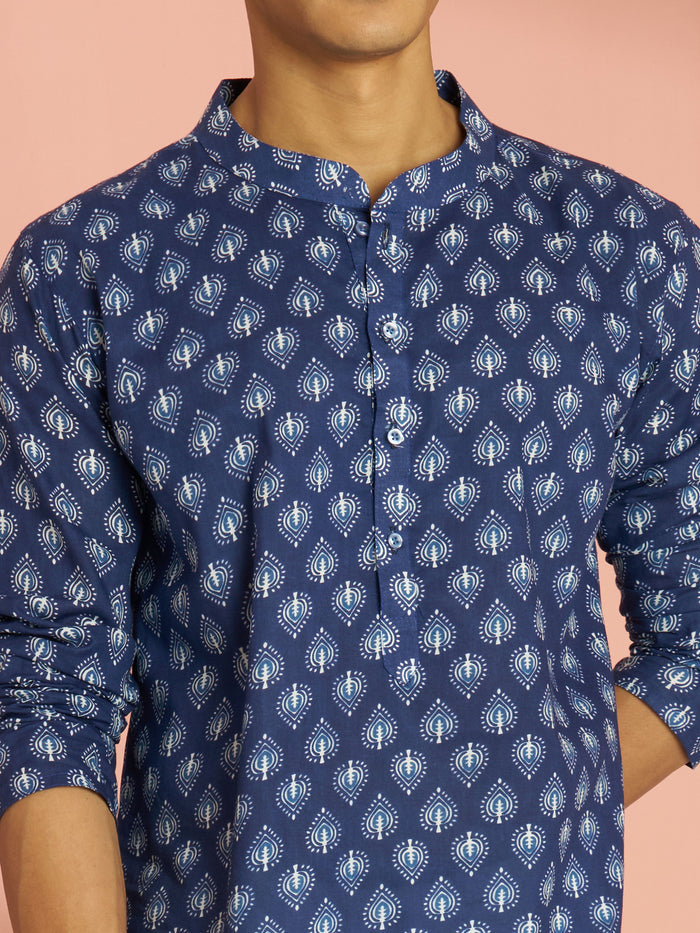 Men's Blue Indigo Ethnic Motif Print Cotton Short Kurta with Stand Collar