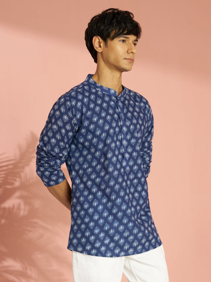 Men's Blue Indigo Ethnic Motif Print Cotton Short Kurta with Stand Collar