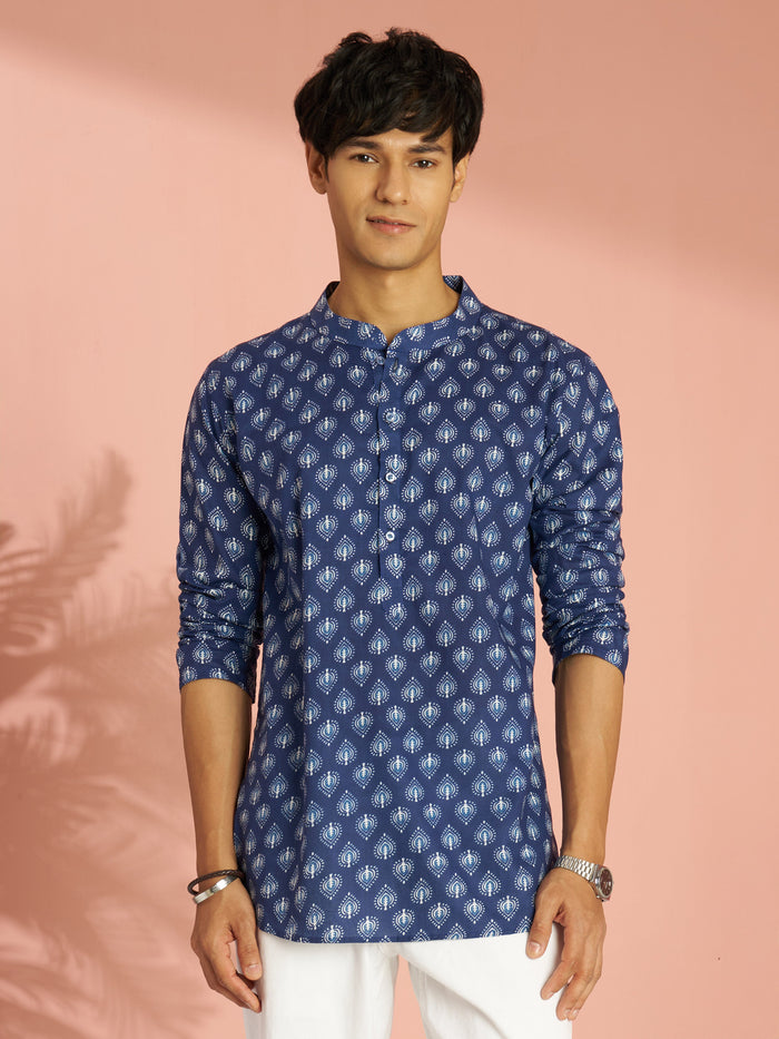 Men's Blue Indigo Ethnic Motif Print Cotton Short Kurta with Stand Collar