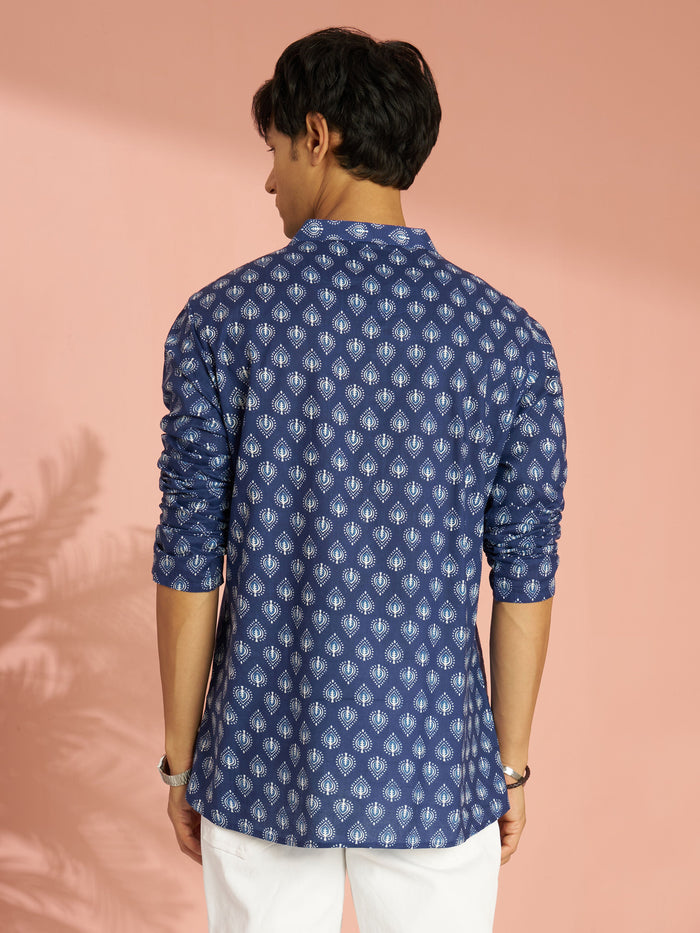 Men's Blue Indigo Ethnic Motif Print Cotton Short Kurta with Stand Collar