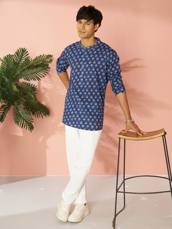 Men's Blue Indigo Ethnic Motif Print Cotton Short Kurta with Stand Collar
