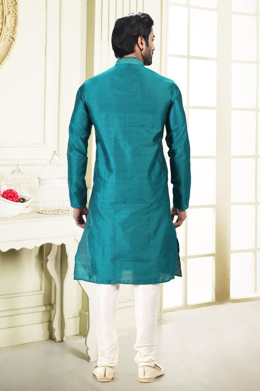 Men's Blue Jacquard Banarasi Silk Thread Work Kurta Pajama Set