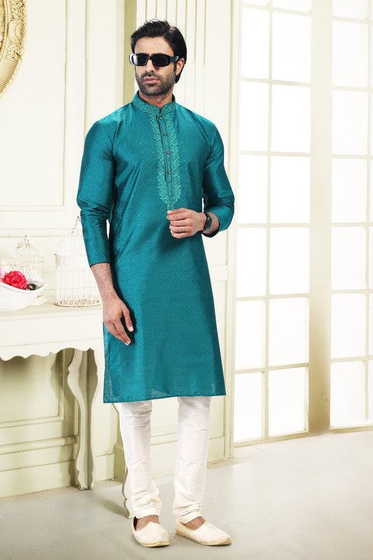 Men's Blue Jacquard Banarasi Silk Thread Work Kurta Pajama Set